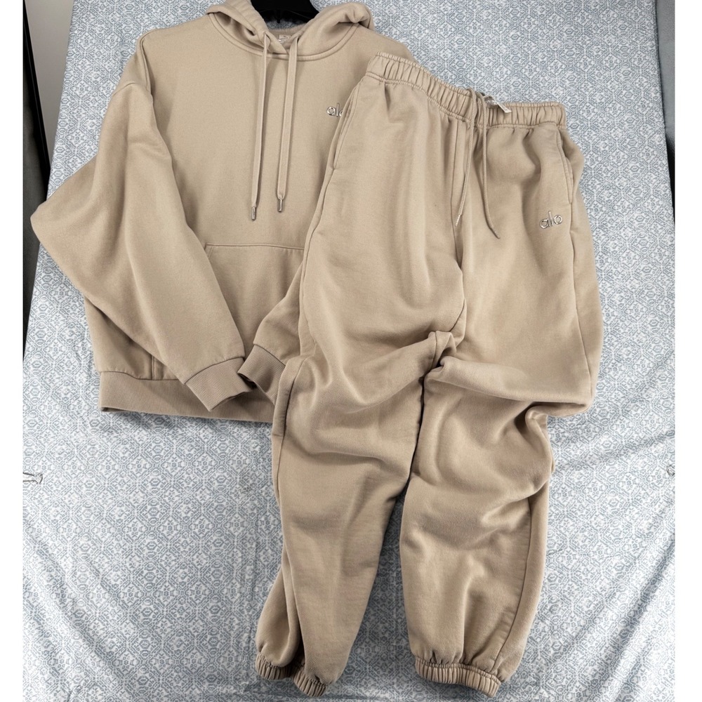 Alo Yoga Womens Tan Beige Hoodie and Jogger Sweatsuit Set U3032RG Size Medium